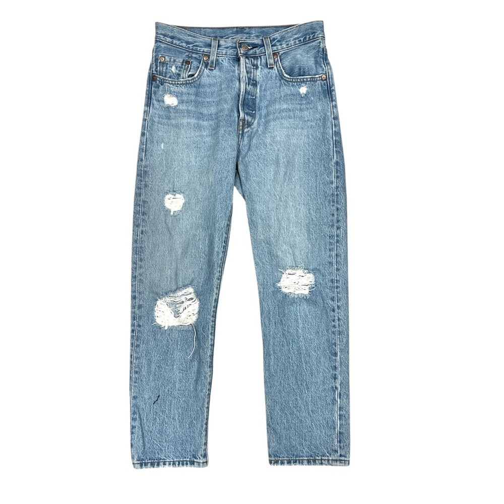 Levi's 501 Original High Rise Button Fly Distressed Rigid Crop Denim Jeans